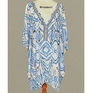 Blue & white Boho style tunik blouse Sz l NWT